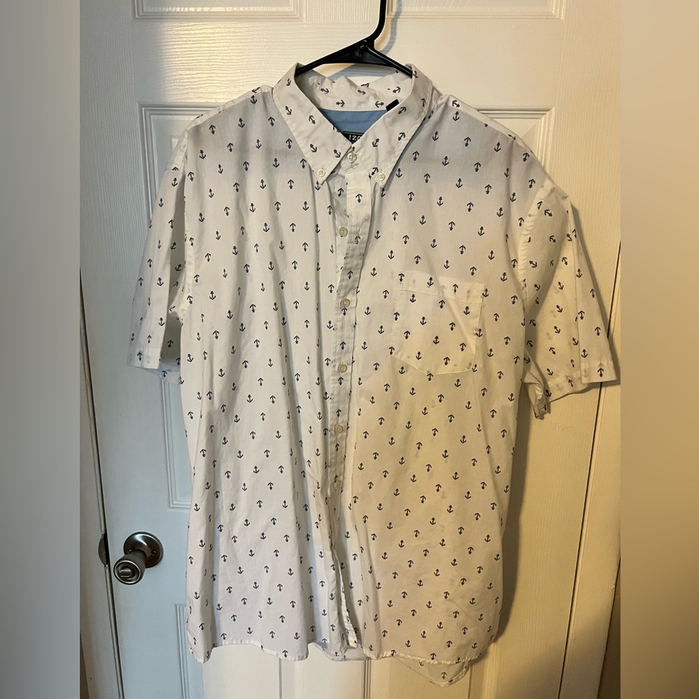 IZOD white cotton button down shirt with blue anchors. XXL